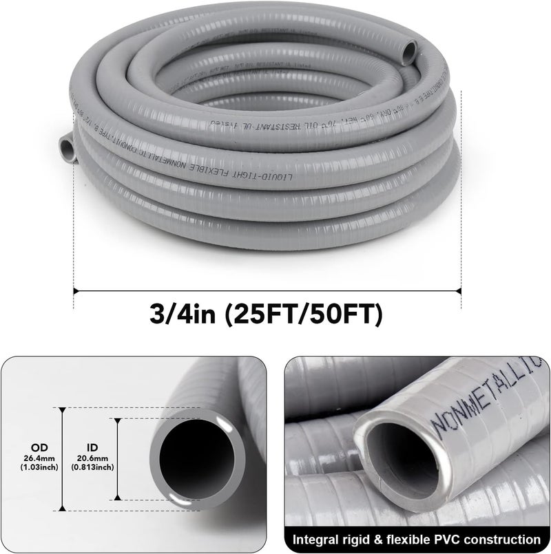 Elecoman 3/4inch 25ft Liquid-Tight Conduit and Connector Kit,Flexible Non-Metallic Liquid Tight Electrical Conduit Kit with 5 Straight and 3 90-Degree Connector Fittings,3/4 in. Dia - Image 2